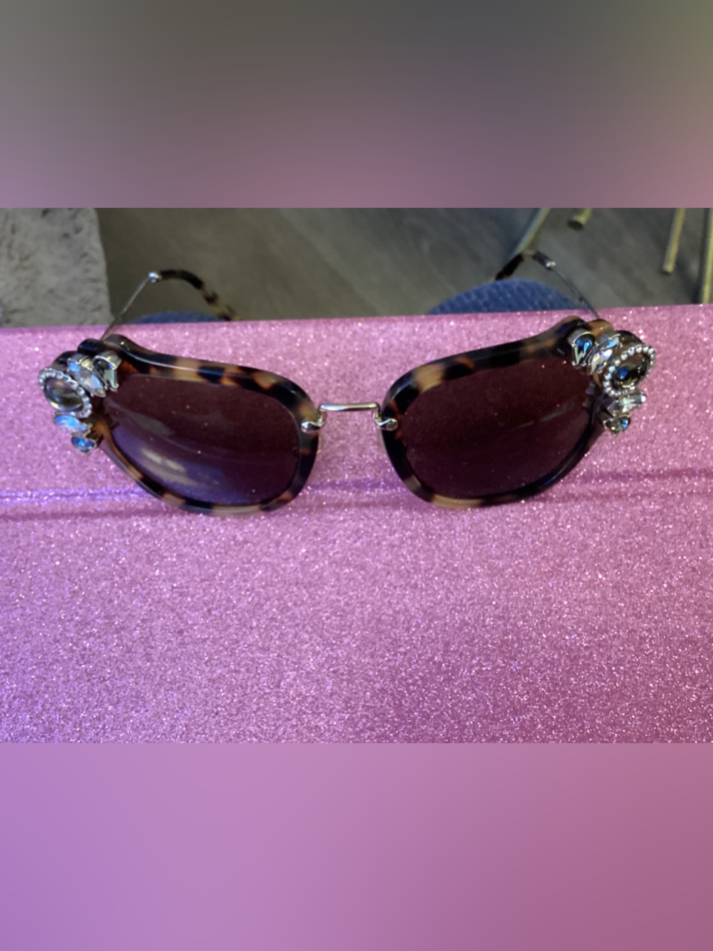 Miu Miu Tortoiseshell Sunglasses with Crystal Embellishments - Brown